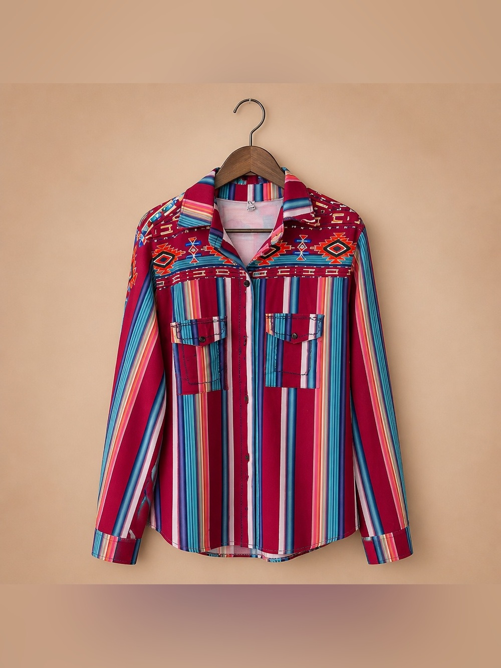 Miss look 4XL Serape Stripe Print Button Down Cotton Polyester Blouse